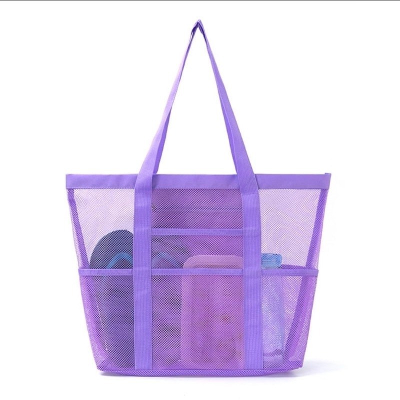 lot 5111077 image: Suizaomo Large Mesh Beach Bag with 8 Pockets for Women & Men Foldable Swimming Pool Travel Bags,Purple - Retail $11