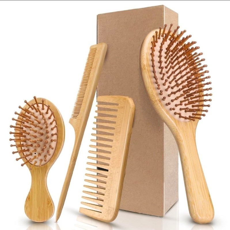 lot 5111119 image: RUseeN 100% Bamboo Hair Brushes and Comb Set, Comb for Women and Detangling, Great on All Hair, Eco-Friendly and Handmade for Women Men and Kids - Retail $15