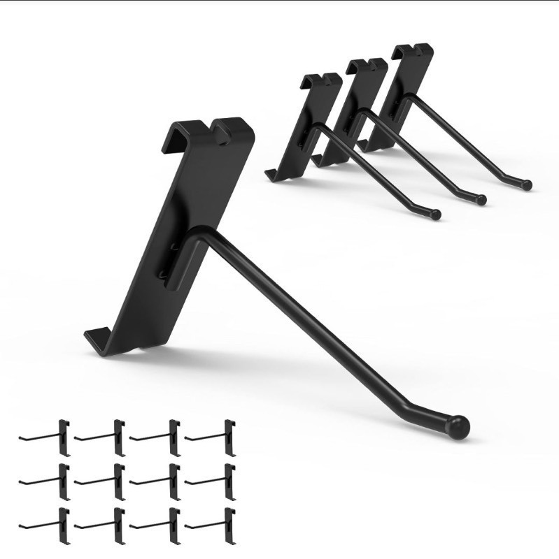 lot 5111144 image: HUHOLE Gridwall Hooks 4 inch, 32PC Display Hooks for Grid Wall, Hooks for Grid Wall Panel, Black Powder-Coated Steel - Retail $30