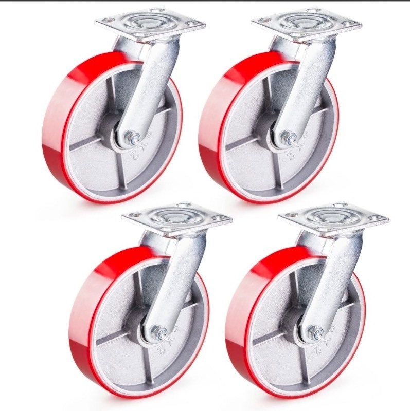 lot 5111178 image: GBL Casters Set of 4 Heavy Duty with 0 Brakes - up to 3351 lbs - No Floor Marks Silent Scaffolding Caster Wheels - 8 Inch Hard Rubber Industrial Wheel - Red - Retail $63