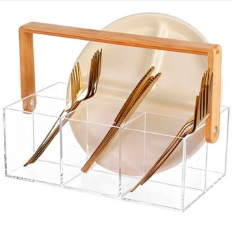 lot 5111184 image: Acrylic Silverware Organizer with Wood Handle, 4-Compartment Countertop Cutlery Caddy, 9.44 x 5.23 x 7.28 in, Clear Utensil Caddy for Kitchen, Picnic, Parties - Retail $19