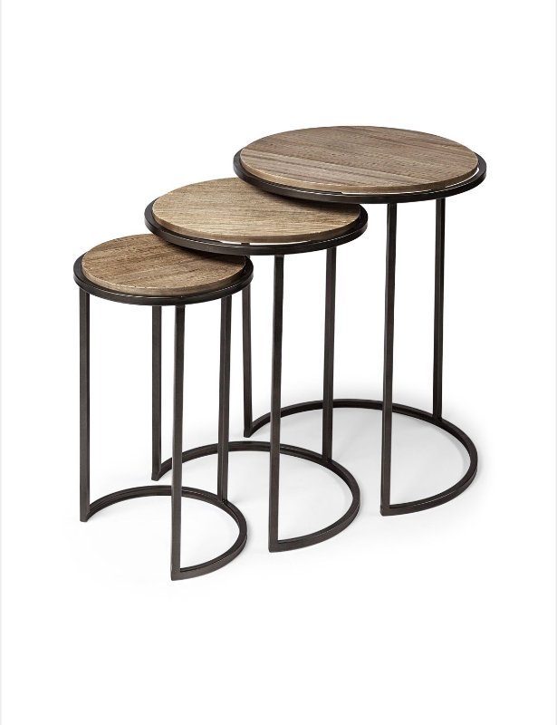 lot 5112080 image: Mercana Glover (Set of 3) 20L x 20W Brown Wood Round Top wMetal Nesting Accent Tables 68814 26.38 H x 20.08 W x 20.08 D DAMAGED (See Pictures and Description) - Retail $623