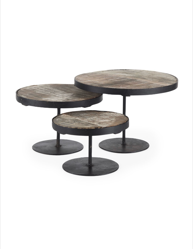 lot 5112069 image: Mercana Lorenz (Set of 3) Light Brown Wood w Black Metal Base Round Decorative Display Stands 69143 8 H x 12 W x 12 D - Retail $153
