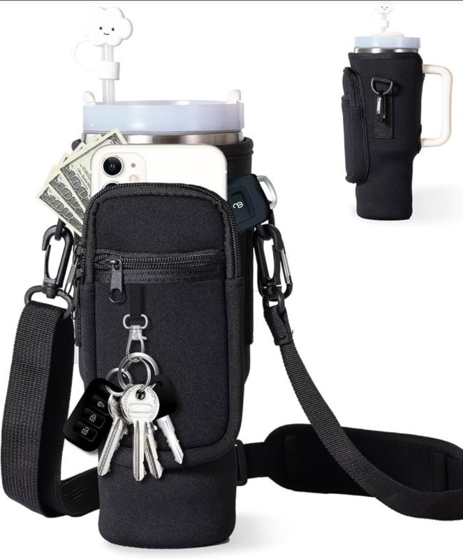 lot 5113034 image: Water Bottle Carrier Bag with Phone Pocket for Stanley 40 oz Tumbler Water Bottle Holder Pouch with Adjustable Strap with Straw Cover & Carabiner for Stanley Cup Accessories (Black) - Retail $9