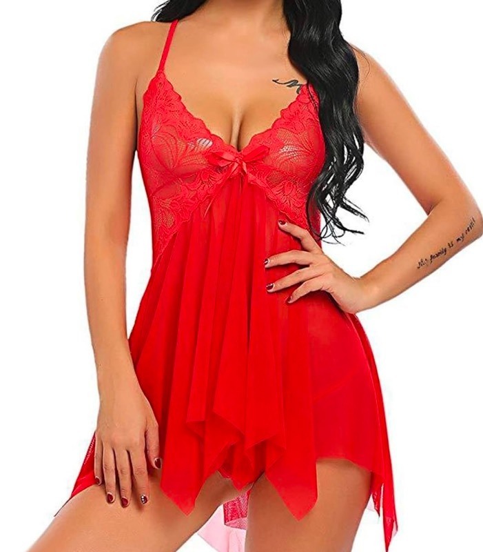 lot 5113154 image: Lingerie for Women Sexy V-neck Lace Mesh Chemise Sleepwear Sexy Open Back Lingerie Red S - Retail $10