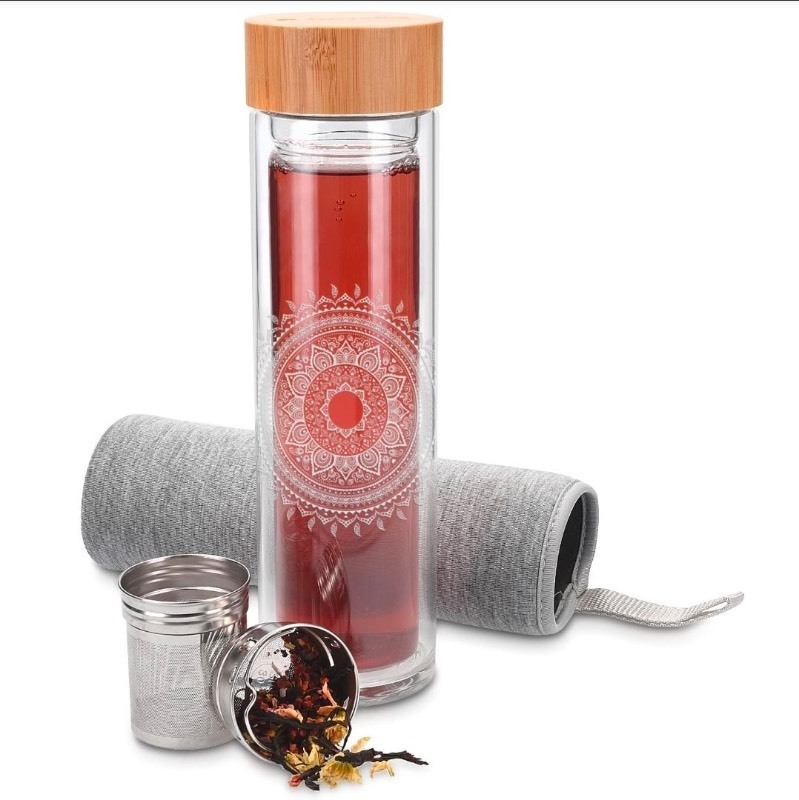 lot 5113025 image: Navaris Glass Water Bottle with Tea Infuser - Double Walled Borosilicate Glass Travel Tumbler with Bamboo Lid and Non Slip Gray Neoprene Sleeve - 17oz - Retail $25