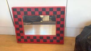 lot 13 image: Hand-Painted RedBlack Checkerboard Framed Mirror RETAIL $35