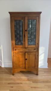 lot 14 image: ANTIQUE Farmhouse Wood Cabinet w Glass Doors & Drawer RETAIL $150