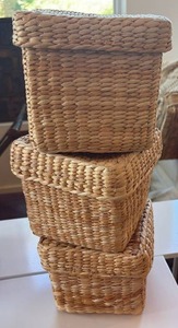 lot 48 image: Set of 3 Natural Woven Storage Baskets with Handles - Retail $30