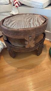 lot 67 image: Carved Wooden Ottoman Set w Poufs RETAIL $250