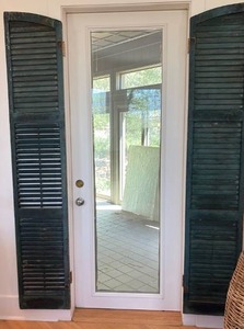 lot 59368 image: Green Wooden Louvered Shutters with Arched Top 86 in long  - Retail $75