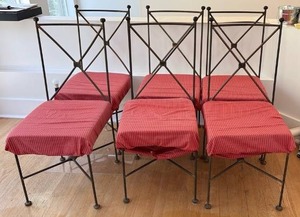 lot 59373 image: SET OF 6 WROUGHT IRON DINING CHAIRS w RED STRIPED CUSHIONS Patio  Indoor  - Retail $300