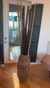 Large Wicker Floor Vase with Bamboo Stems - Retail: $50