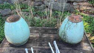 lot 8 image: Large Blue Concrete Garden Planters Set of 2 - Retail $45