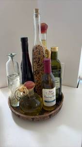 lot 60405 image: Decorative Glass Bottles Collection in Wicker Basket - Retail $15