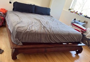 lot 60456 image: CALIFORNIA KING PLATFORM BED FRAME Dark Wood w CURVED LEGS- Retail $800