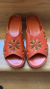 lot 60562 image: Orange Leather Floral Embossed Open Toe Slide Sandals size 6.5 - Retail $25