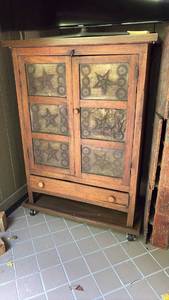 lot 52066 image: Primitive Wood Cabinet with Punched Tin Star Panels - Retail $150