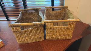 lot 52104 image: Woven Seagrass Storage Baskets with Bamboo Handles Set of 2 - Retail $25