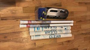 lot 52105 image: Clear Contact Paper Rolls with Blue Stick Pens and Stapler Set - Retail $15