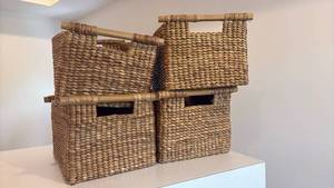 lot 52151 image: Woven Natural Fiber Storage Baskets with Bamboo Handles Set of 4 - Retail $45