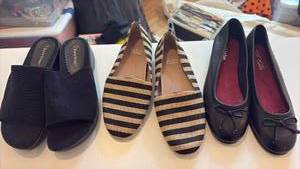 lot 52155 image: Womens Shoes Lot - Slip-On Sandals, Striped Flats, and Ballet Flats Bundle size 6.5 - Retail $15