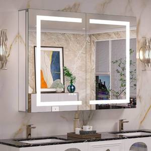 Keonjinn 40 x 32 Inch Medicine Cabinet with Lights with Defogger and Outlet, LED Medicine Cabinet with Mirror 3 Colors Dimmable, Tempered Glass Frontlit Mirror with Storage for Modern Decor - Retail: $539