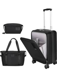 lot 17820 image: WireHot 20 inch Small Carry On Luggage Front Open with Laptop Pocket, ABSPC Hard Shell Suitcase with Spinner Wheels TSA Lock & YKK Zipper, 20inToiletry BagHandbag, Black - Retail $99
