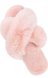 lot 17834 image: Parlovable Womens Fuzzy Cross Band Slippers, Memory Foam House Shoes with Anti-Slip Rubber Sole, Open Toe Plush Fleece Indoor Slippers for Ladies, Cozy Gifts for Women, Size 78 - Retail $0