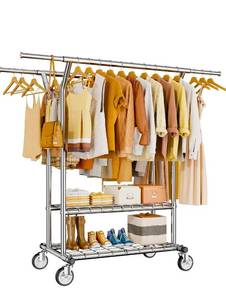 lot 17837 image: HYSEYY Heavy Duty Clothes Rack, Rolling Clothing Rack With Shelves Load 620 LBS, Double Rod Clothing Racks for Hanging Clothes, Portable& Adjustable Clothes Rack with Wheels Garment Rack - Retail $105