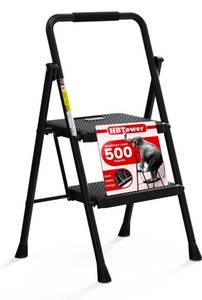 lot 17838 image: HBTower Step Ladder, Folding Step Stool with Wide Anti-Slip Pedal, Sturdy Steel Ladder, Convenient Handrail, Lightweight, Portable Steel Step Stool - Retail $59