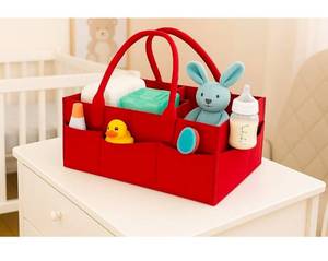 lot 17843 image: Baby Diaper Caddy Organizer �� Portable Felt Nursery Storage Bin with Handles, 7 Pockets & Removable Dividers for Diapers, Wipes, Toys �� Car & Home Use (Red) - Retail $0