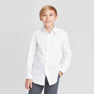 lot 17852 image: Boys Long Sleeve Woven Button-Down Shirt - Cat & Jack�� White M Classic Herringbone Pattern, Cotton-Polyester Blend, Size Medium - Retail $14