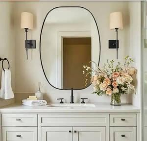 lot 17881 image: LuxHomez24 in. W x 36 in. H Black Oval Wall Mirror Aluminum Frame Vanity Mirror Bathroom Mirror - Retail $169