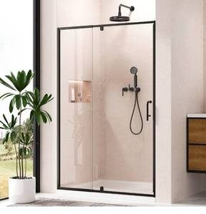 lot 17885 image: Keonjinn Pivot Shower Door, 44-48 W x 72 H Semi-Frameless Pivot Swing Glass Shower Door, 14(6mm) Clear SGCC & ASNI Tempered Glass with Explosion-Proof Film & Nano Coating, Matte Black Finish - Retail $379