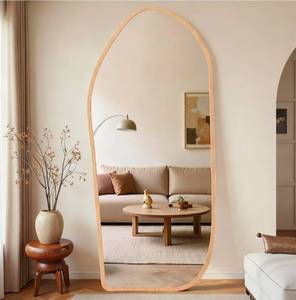 lot 17886 image: Full Length Mirror, Oversized Floor Mirror with Solid Wood Frame, Large Standing Mirror for Bedroom Living Room, Wood Art Style, Light Walnut, 74 L x 32 W - top wood cracked - Retail $197