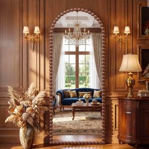 lot 17888 image: Antok 76 x 34 Arched Full Length Mirror, Antique Beaded Frame Floor Standing or Wall Mounted Mirror with Stand for Bedroom, Entryway, Brown, Luxury Style - Retail $269