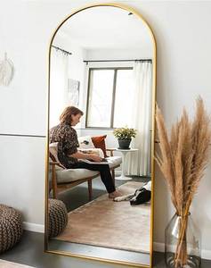 lot 17889 image: OGCAU Full Length Mirror, 71x30 Arched-Top Standing Mirror, Hanging or Leaning, Full Body Wall Mounted with Aluminum Frame for Living Room, Bedroom, Home Decor (Gold) - Retail $139