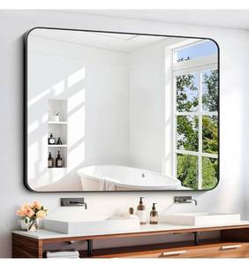 lot 17890 image: DESBING 40 x 48Bathroom Mirror, Matte Black Wall Mirror with Metal Frame, Decorative Rectangular Vanity Mirror for Bedroom Bathroom Living Room Entryway (HorizontalVertical) - Retail $119