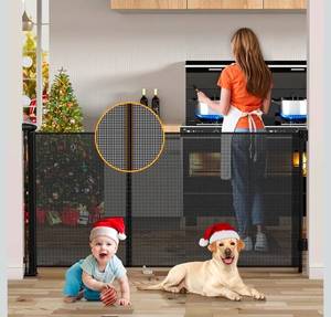 lot 17891 image: 138-Inch Extra Wide Retractable Baby Gate & Dog Gate, Reinforced Mesh Safety Gate Adjustable for Large Openings - Stairs, Doorways, Hallways - IndoorOutdoor Use - Retail $69