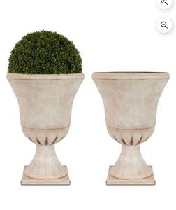lot 17893 image: 22 inch Urn Planter,White Front Door Planters Outdoor Set of 2, Plastic Round Planter, Classic Pedestal Decorative Plant Pots Large Plant Pot Tree Pot - Retail $109