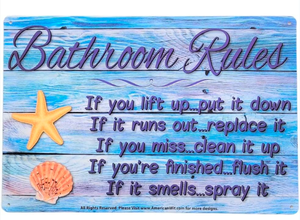lot 2617 image: Bathroom Rules Wooden Wall Sign with Rope Hanger