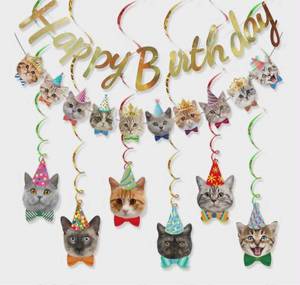 lot 2605 image: Cat Happy Birthday Party Banner with Gold Glitter Decorations