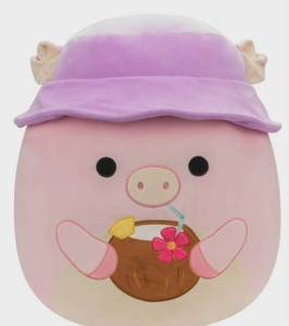 lot 2648 image: Squishmallow Pig Plush Toy with Purple Hat and Coconut Drink -8in