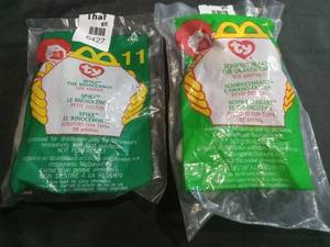 lot 3477 image: McDonalds Ty Beanie Babies Spike Rhinoceros and Sweetheart Orangutan Happy Meal Toys Set