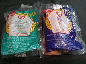 lot 3478 image: McDonalds Happy Meal Ty Beanie Baby Blizz White Tiger and Bushy Lion Toys