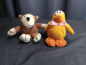 lot 3522 image: Plush Animal Set - Duck with Pink Bow and Brown Monkey
