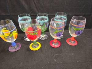 lot 3178 image: Hand Painted Floral Wine Glasses Set