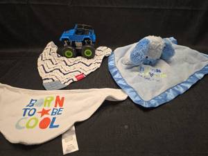 lot 3191 image: Nuby Baby Boy Blue Bandana Bib Set with Toy Monster Truck