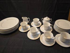 lot 2052 image: White Porcelain Dinner Service Set with Silver Trim